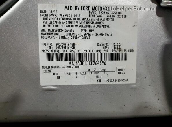 MAJ6S3GL3KC264696 2019 FORD ECOSPORT Silver Вид наклейки з VIN-кодом