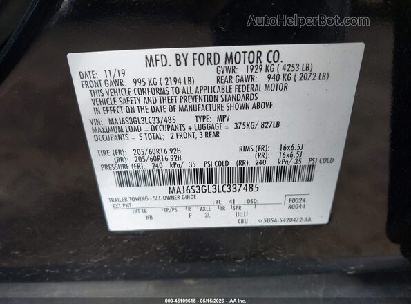 MAJ6S3GL3LC337485 2020 FORD ECOSPORT Black ძრავის განყოფილების ხედი