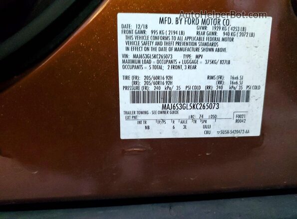 MAJ6S3GL5KC265073 2019 FORD ECOSPORT Brown Widok naklejki z numerem VIN