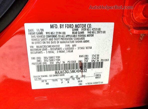 MAJ6S3GL5MC404332 2021 FORD ECOSPORT Red Widok naklejki z numerem VIN