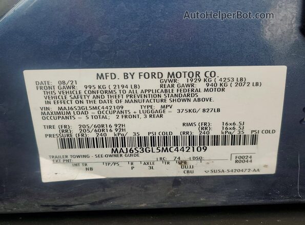 MAJ6S3GL5MC442109 2021 FORD ECOSPORT Blue Widok wnętrza 360 stopni
