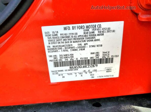 MAJ6S3GL6KC252879 2019 FORD ECOSPORT Red Вид наклейки з VIN-кодом