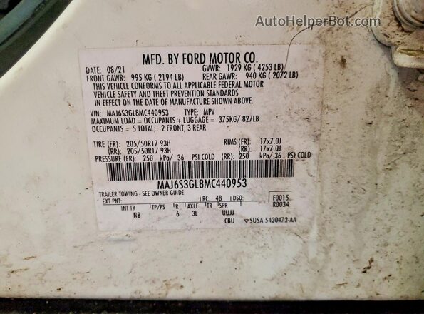 MAJ6S3GL8MC440953 2021 FORD ECOSPORT Белый Вид наклейки с VIN-кодом