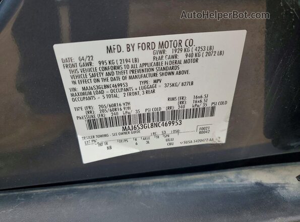MAJ6S3GL8NC469953 2022 FORD ECOSPORT Gray Widok naklejki z numerem VIN