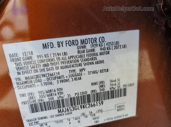 MAJ6S3GL9KC266159 2019 FORD ECOSPORT Коричневый Вид наклейки с VIN-кодом