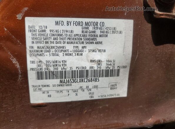 MAJ6S3GLXKC268485 2019 FORD ECOSPORT Orange Vista del compartimento del motor