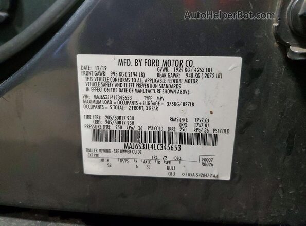 MAJ6S3JL4LC345653 2020 FORD ECOSPORT Gray VIN sticker view