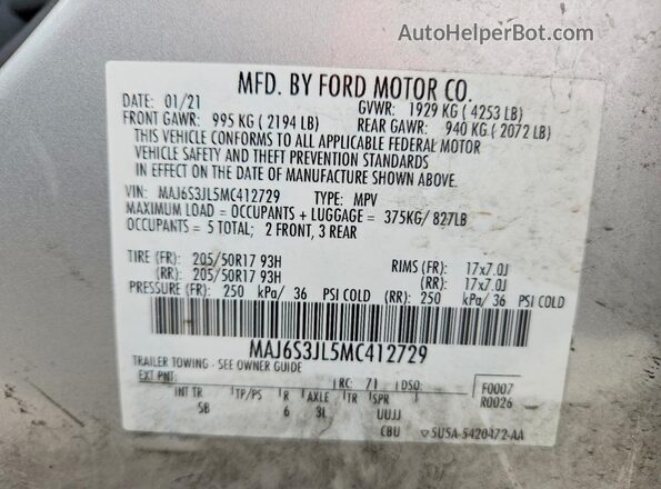 MAJ6S3JL5MC412729 2021 FORD ECOSPORT Silver VIN კოდის სტიკერის ხედი