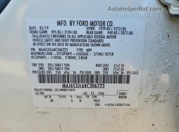 MAJ6S3JL6KC306223 2019 FORD ECOSPORT White Widok naklejki z numerem VIN