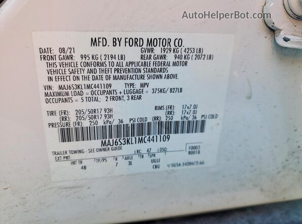 MAJ6S3KL1MC441109 2021 FORD ECOSPORT Белый Вид наклейки с VIN-кодом
