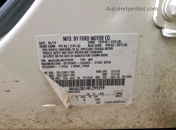 MAJ6S3KL4KC299299 2019 FORD ECOSPORT White VIN կոդի պիտակի տեսք