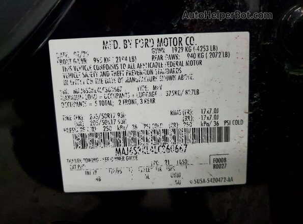 MAJ6S3KL4LC360667 2020 FORD ECOSPORT Черный Вид наклейки с VIN-кодом