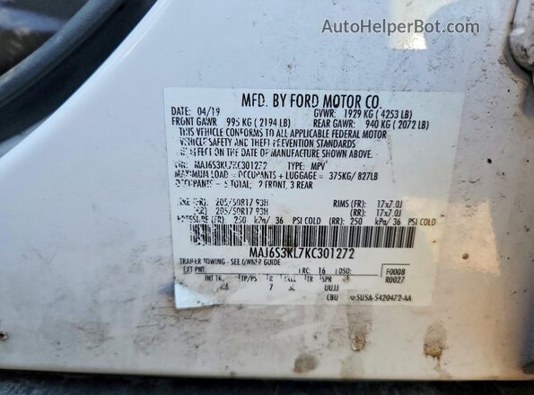 MAJ6S3KL7KC301272 2019 FORD ECOSPORT Белый Вид наклейки с VIN-кодом
