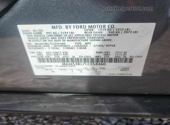 MAJ6S3KL7LC354460 2020 FORD ECOSPORT Gray 360 interior view