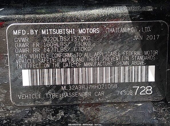 ML32A3HJ7HH021058 2017 MITSUBISHI MIRAGE Black Widok komory silnika