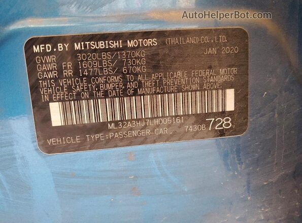 ML32A3HJ7LH005161 2020 MITSUBISHI MIRAGE Blue Widok komory silnika