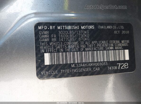 ML32A4HJ4KH003033 2019 MITSUBISHI MIRAGE Silver Widok komory silnika