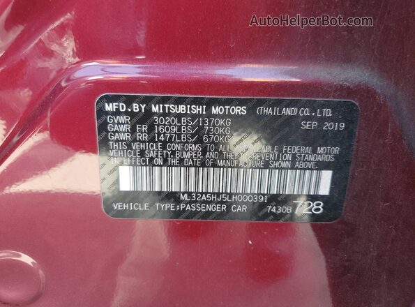 ML32A5HJ5LH000391 2020 MITSUBISHI MIRAGE Burgundy Widok komory silnika