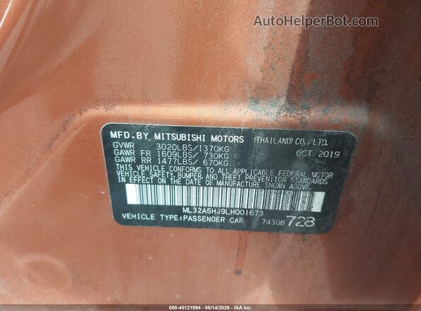ML32A5HJ9LH001673 2020 MITSUBISHI MIRAGE Оранжевый Вид подкапотного пространства