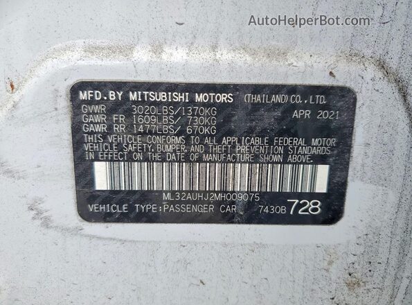 ML32AUHJ2MH009075 2021 MITSUBISHI MIRAGE Silver Widok naklejki z numerem VIN