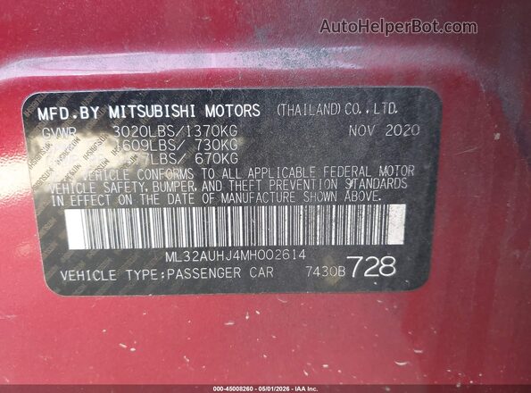 ML32AUHJ4MH002614 2021 MITSUBISHI MIRAGE Красный Вид подкапотного пространства