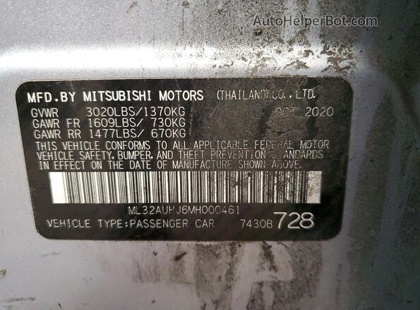 ML32AUHJ6MH000461 2021 MITSUBISHI MIRAGE Silver Widok naklejki z numerem VIN