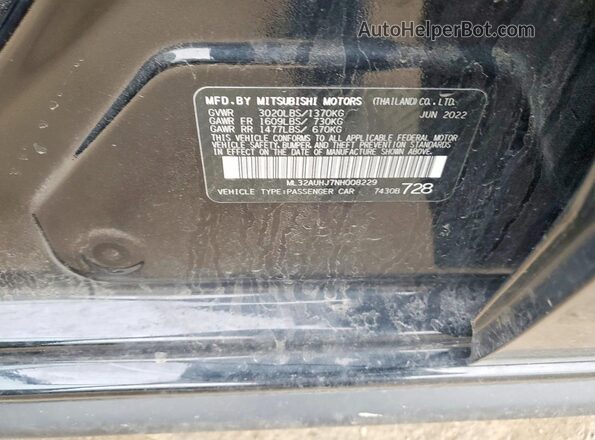 ML32AUHJ7NH008229 2022 MITSUBISHI MIRAGE Black Vista de la etiqueta del VIN