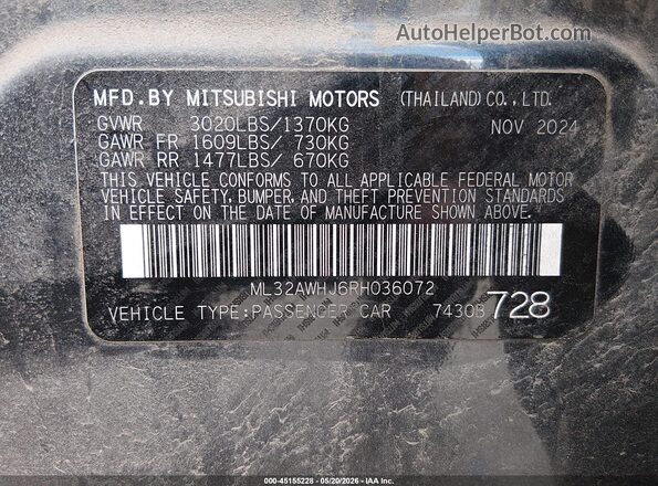 ML32AWHJ6RH036072 2024 MITSUBISHI MIRAGE Dark Blue Vista del compartimento del motor