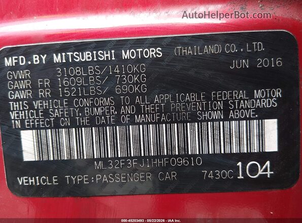 ML32F3FJ1HHF09610 2017 MITSUBISHI MIRAGE G4 Red Widok komory silnika
