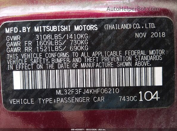 ML32F3FJ4KHF06210 2019 MITSUBISHI MIRAGE G4 Темно-бордовый Вид подкапотного пространства