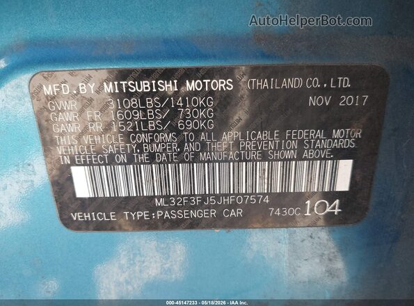 ML32F3FJ5JHF07574 2018 MITSUBISHI MIRAGE G4 Blue Widok komory silnika