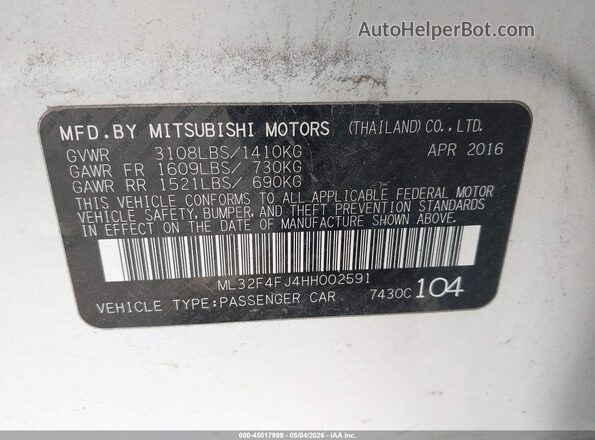 ML32F4FJ4HH002591 2017 MITSUBISHI MIRAGE G4 White Շարժիչի բաժամունքի տեսք