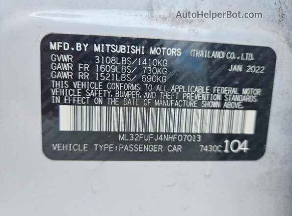 ML32FUFJ4NHF07013 2022 MITSUBISHI MIRAGE White Вид наклейки з VIN-кодом