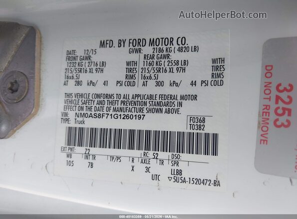 NM0AS8F71G1260197 2016 FORD TRANSIT CONNECT White Vista del compartimento del motor