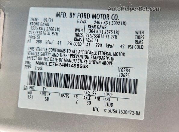 NM0LE7E24M1498668 2021 FORD TRANSIT Белый Панорамный вид салона 360°