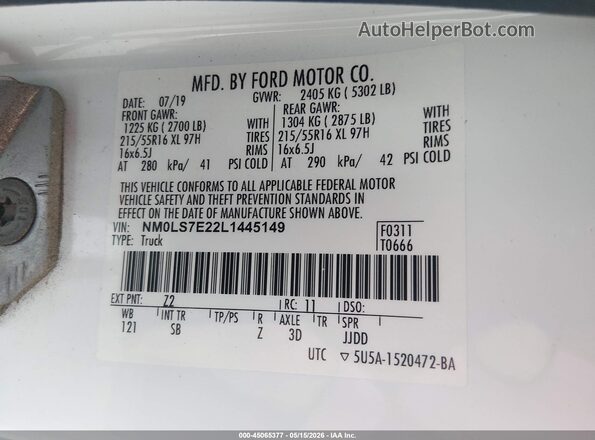 NM0LS7E22L1445149 2020 FORD TRANSIT CONNECT White Vista del compartimento del motor