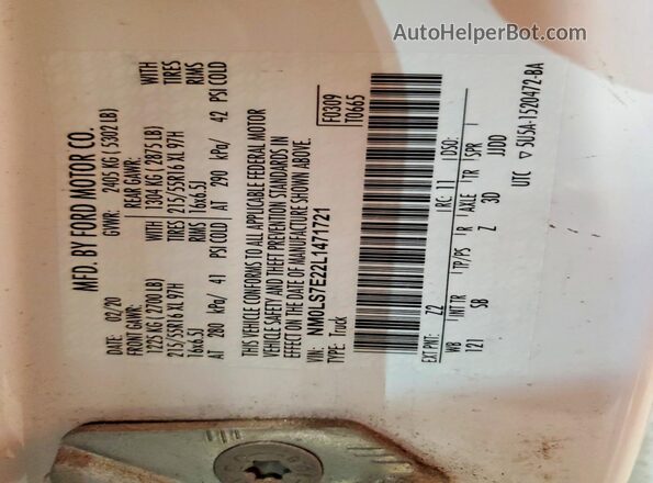 NM0LS7E22L1471721 2020 FORD TRANSIT White Панорамний вид салону 360°
