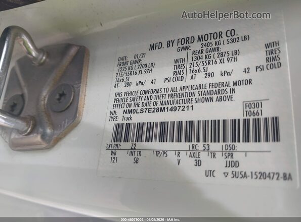 NM0LS7E28M1497211 2021 FORD TRANSIT CONNECT Белый Вид подкапотного пространства