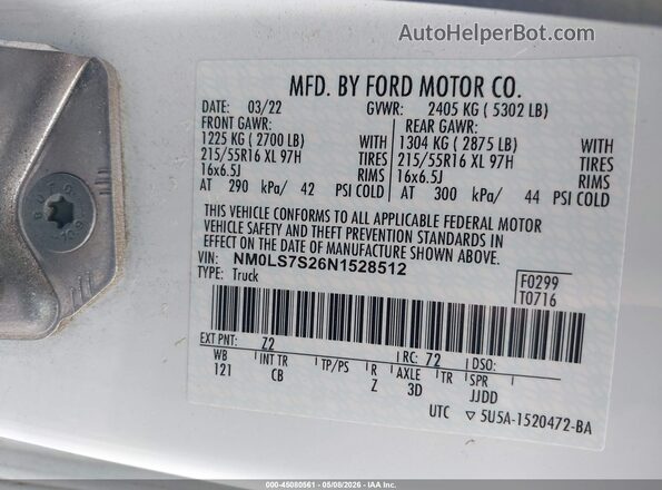 NM0LS7S26N1528512 2022 FORD TRANSIT CONNECT Белый Вид подкапотного пространства
