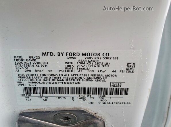 NM0LS7S26P1565126 2023 FORD TRANSIT White Vista de la etiqueta del VIN