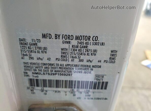 NM0LS7S29P1569297 2023 FORD TRANSIT White Widok naklejki z numerem VIN