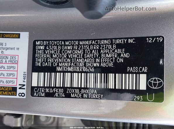 NMTKHMBX8LR106246 2020 TOYOTA C-HR Серебряный Вид подкапотного пространства