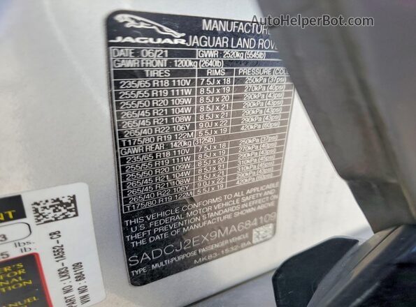 SADCJ2EX9MA684109 2021 JAGUAR F-PACE Silver Widok wnętrza 360 stopni