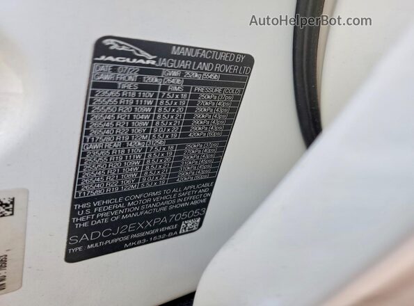 SADCJ2EXXPA705053 2023 JAGUAR F-PACE White VIN կոդի պիտակի տեսք
