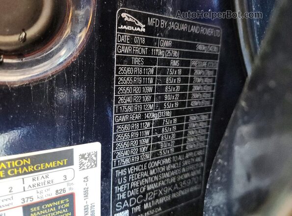 SADCJ2FX9KA359701 2019 JAGUAR F-PACE Blue Widok naklejki z numerem VIN