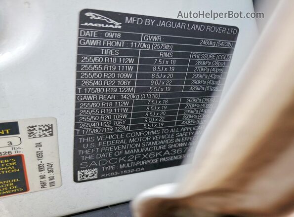 SADCK2FX6KA367431 2019 JAGUAR F-PACE Белый Вид подкапотного пространства