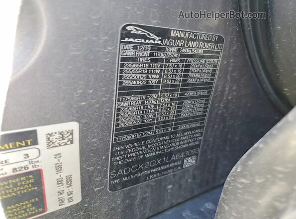 SADCK2GX1LA643093 2020 JAGUAR F-PACE Серый Вид наклейки с VIN-кодом