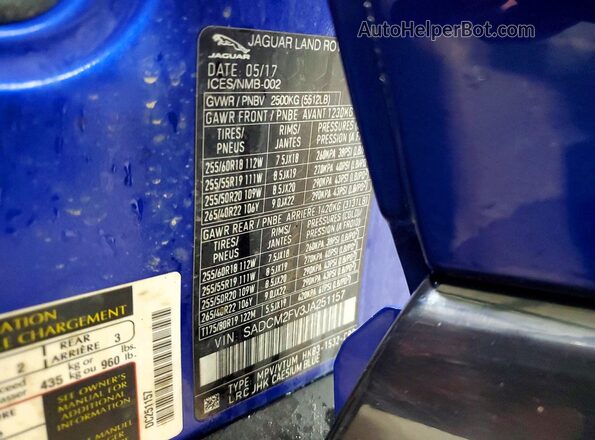 SADCM2FV3JA251157 2018 JAGUAR F-PACE Blue Widok naklejki z numerem VIN