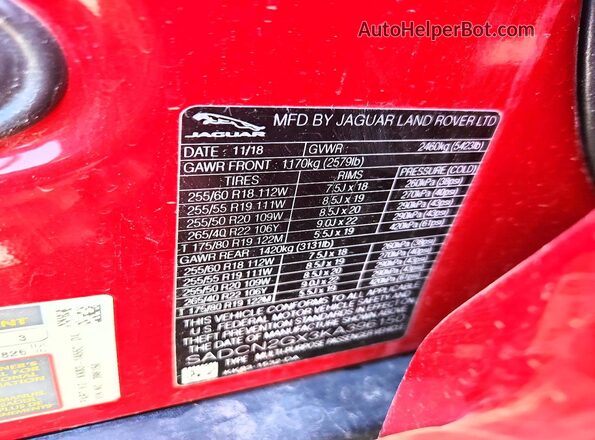 SADCN2GX3KA396150 2019 JAGUAR F-PACE Red Vista de la etiqueta del VIN