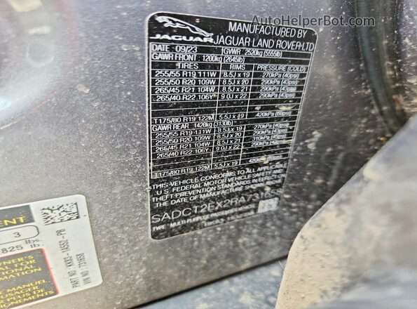 SADCT2EX2RA731658 2024 JAGUAR F-PACE Gray Widok naklejki z numerem VIN